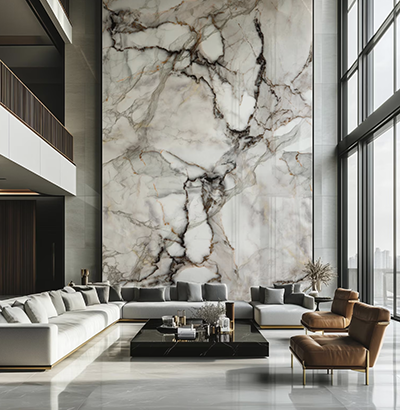 Decorative stone feature wall in a living room